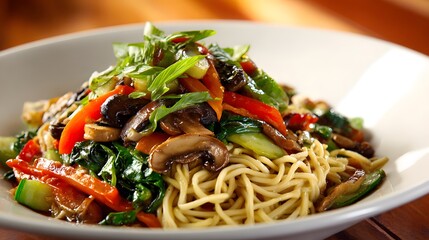 Overhead Detailed View of a Delectable Noodle Dish with Fresh Vegetables and Aromatic Mushrooms in a Cozy Restaurant Setting