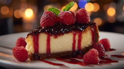 Decadent Cheesecake Dessert with Fresh Raspberries and Smooth Fruit Sauce Captured in a Modern Studio Setting with Blurry Background Details