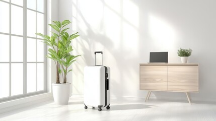 A bright and tranquil living space featuring neutral toned furniture a potted plant and a suitcase creating a welcoming and organized atmosphere