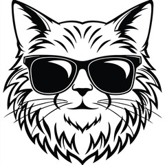 Confident cat wears black sunglasses with a bold, outlined design in stark black and white