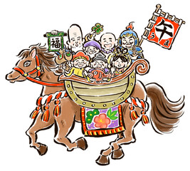 干支の午（馬）に乗った七福神の手描きイラスト　年号なし