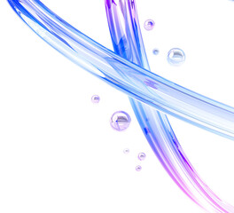 Liquid glass holographic lines with pink soap bubbles 3d background. Abstract bg with gradient ribbons, transparent air spheres render. Rainbow color wallpaper with tapes, water drops
