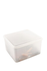 contenitore in plastica semi trasparente con strumenti da lavoro isolato su sfondo bianco o...