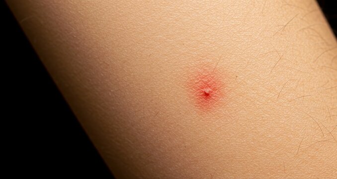 Close-up of skin with a small red bug bite on a dark background. mosquito bite on elbow  