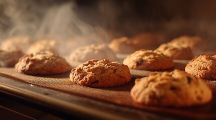 Baking scene with cookies fresh from oven crispy edges moist interior