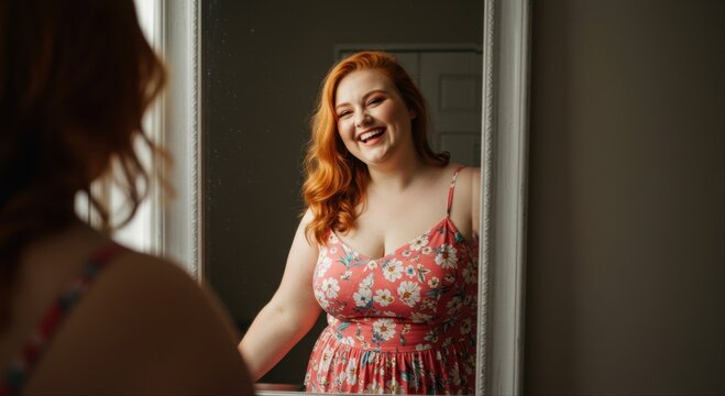 plus size girl smiling mirror. Plus-size woman smiling in mirror while wearing floral dress indoors