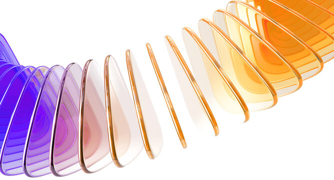 3d glass row of color triangle plate shapes with rainbow light texture. Abstract geometric line pattern. Dynamic render background with transparent purple pink gold gradient wave