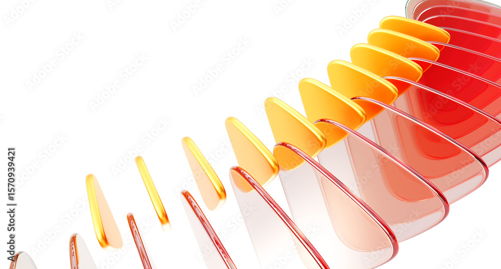 Poster abstract 3d background with row of red glass transparent and gold plastic triangle plate shapes rend