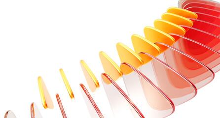 Abstract 3d background with row of red glass transparent and gold plastic triangle plate shapes render. Dynamic gradient wave line pattern. Color wallpaper, music cover or tech banner