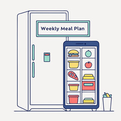 Illustration of a refrigerator with a weekly meal plan sign and a phone displaying food icons inside it