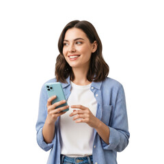 Smiling woman holding smartphone isolated on transparent background