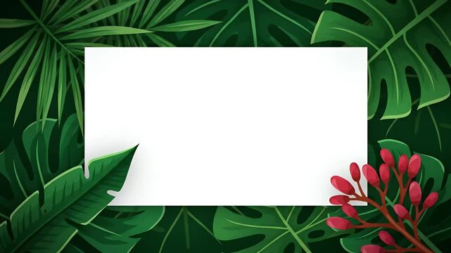 Lush Green Tropical Leaves Frame a Clean White Rectangle with Vibrant Red Berries and Tropical Flora