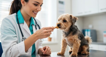 Veterinarian feeding small dog a treat in modern clinic. vet giving treat after exam