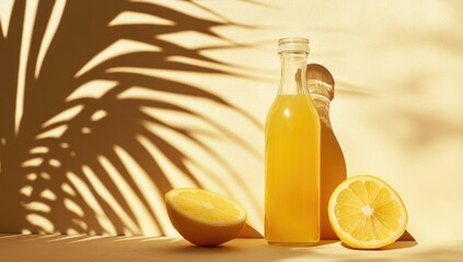 Golden citrus drink in glass bottle, sunlit, with palm leaf shadows