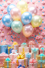 birthday celebration background with different color balloons and gift box, pink flowers
