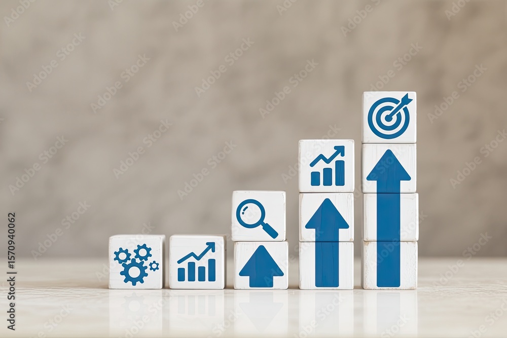 Poster wooden blocks with business growth icons arranged in an ascending staircase symbolizing progress and