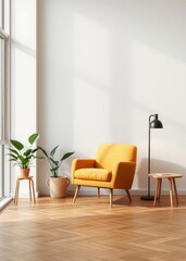Scandinavian indoor design warm toned living room interior wall mockup with a yellow armchair and a background of a white wall green plants ai generative Empty room interior design Ultra realisti
