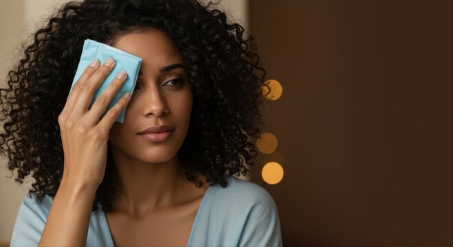 Young woman applying cold compress to her forehead at home. woman holding cold compress  