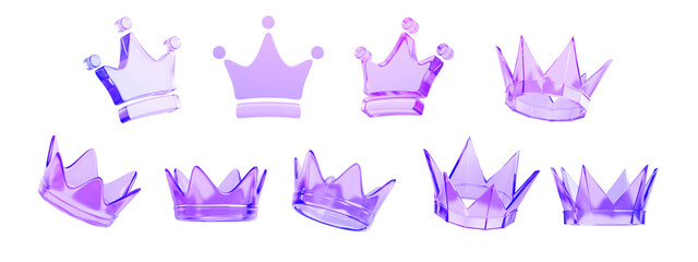3d glass holographic transparent crown render icon set. Medieval royal headdress for king or queen, monarchy symbol for game or ui design. Crystal gradient corona badge, winner award