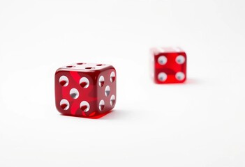 Two crimson dice isolated against a stark white background,  red,  isolated object