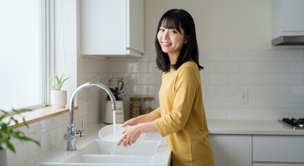 woman rinsing dishes in sink. Young Asian woman washing dishes in a bright kitchen with plants  