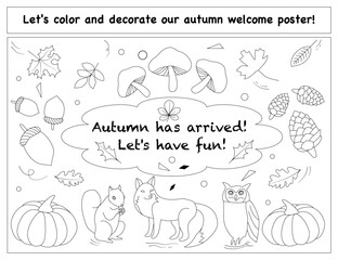 Autumn coloring page for kids, children worksheet
