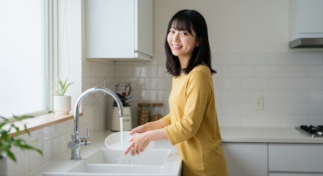 woman rinsing dishes in sink. Young Asian woman washing dishes in a bright kitchen with plants   - Powered by Adobe