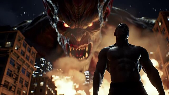 Shirtless Man Confronting Colossal Red Eyed Monster in Burning City at Night Time