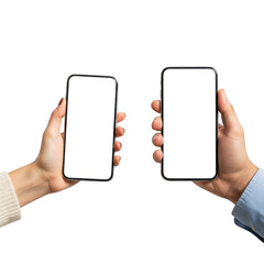 Hands holding smartphones with blank screens isolated on transparent background