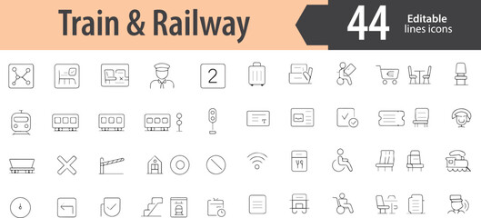 Train and Railway Line Icons, Locomotive, Railway Track, Train Ticket, Station, High-Speed Rail, Editable Formats: AI, EPS, PNG, JPG, Ideal for Both Digital and Print Use
