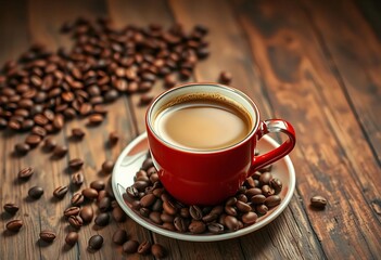 Fototapeta premium Warm, inviting cup of coffee, scattered beans on rustic wood, hygge, still life