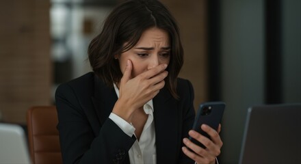 woman upset reading work email. Woman looking shocked while holding smartphone in a modern office  
