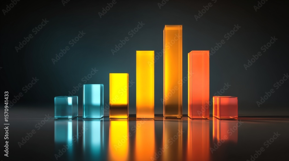 Poster a modern d bar graph in vibrant colors on a dark gradient background, with reflections and shadows e