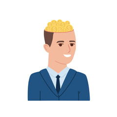 Head man filled with gold dollar money coins. Financial thinking, invest mindset. Businessman in suit work for profit. Vector flat illustration