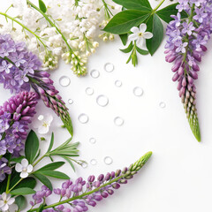 Close-up of Purple, White, and Green Flowers with Water Droplets