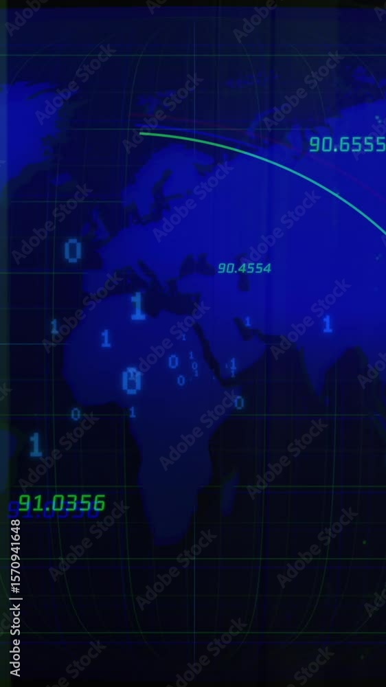 Poster multiple numbers floating over world map against close up of a computer server