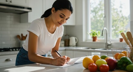 woman writing grocery list. Young woman writing notes in modern kitchen with fresh fruits  