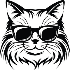 Cool black cat wears sunglasses; a stylish feline, perfectly outlined against white