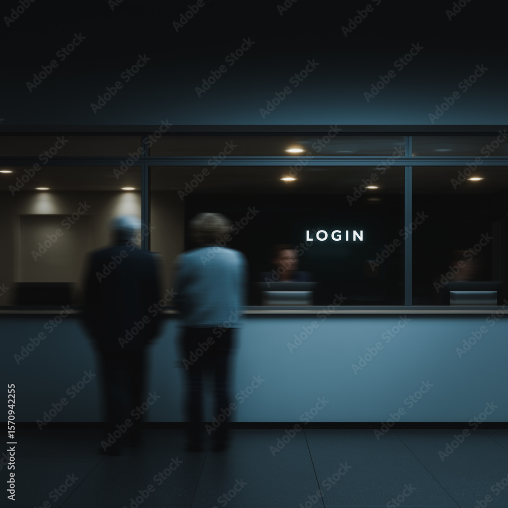 Poster login prompt: a mysterious scene unfolds, with blurry figures standing before a window displaying th