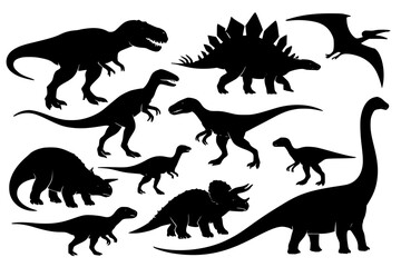 Various dinosaur silhouettes including T-rex and pterodactyl  