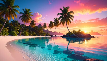 Tropical Beach at Sunset with Palm Trees and Turquoise Water