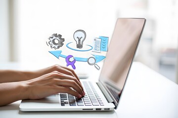 Hands typing on laptop with creative process icons and workflow visualization