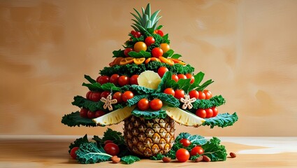 A creative Christmas tree arrangement made entirely from vegan foods, combining festive spirit with healthy, plant-based ingredients for a joyful and sustainable holiday concept