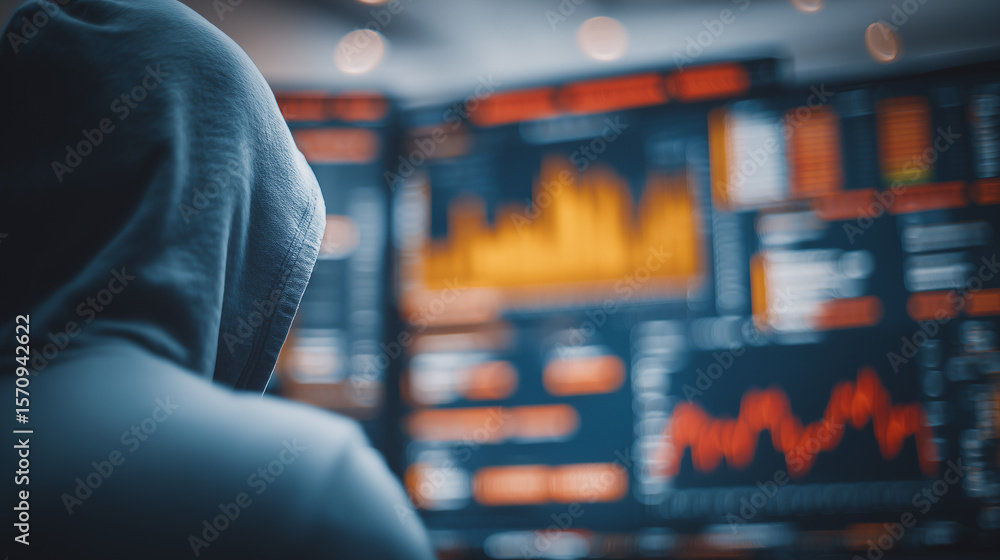 Poster digital intruder: a cloaked figure shrouded in shadow, stares intently at a glowing computer monitor