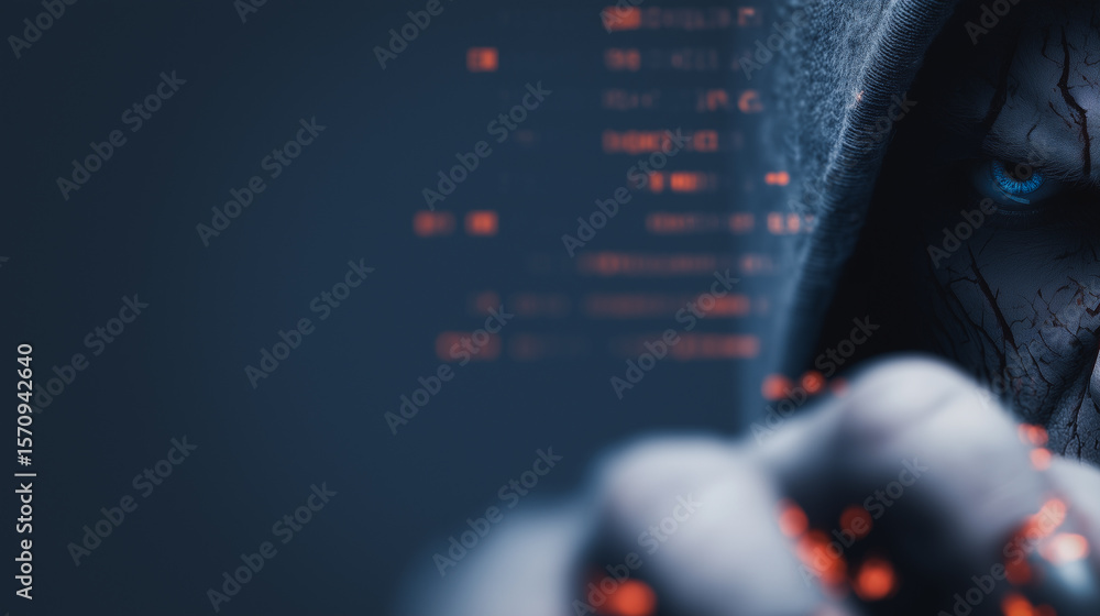 Poster digital sentinel: a close-up of a hooded figure, emanating a sense of power, is juxtaposed against a