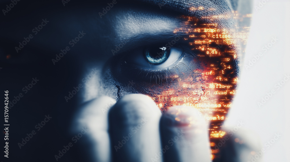 Poster digital eye: a close-up shot showcases an eye with code overlapping, symbolizing the digital age and