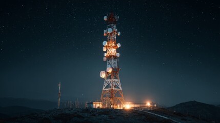 A nighttime shot of a telecommunications tower illuminated by soft lights, with stars twinkling in the background, creating a serene and high-tech atmosphere
