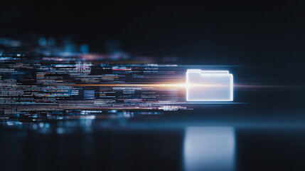 Digital data transfer concept: A glowing digital folder streaks across a dark background, leaving a trail of light.