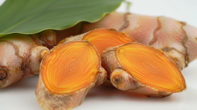 Close Up of Sliced Turmeric Roots with Orange Hue and Green Leaf On White Background For Culinary and Wellness Adobe
