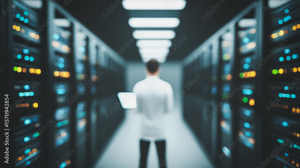 Poster data center analyst: a silhouette of a technician in a modern data center. the image evokes a sense 